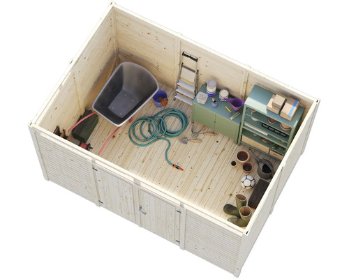 Holzgartenhaus mit Schubkarre, Gartenschlauch, Leiter, Schrank und Gartenutensilien