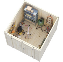 Holzgartenhaus Innenansicht mit Regalen, Grill, Werkzeugen und Spielzeug