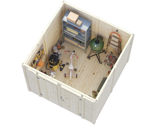 Holzgartenhaus mit Regalen, Grill, Werkzeugen und Kinderfahrrad zur Aufbewahrung von Gartengeräten