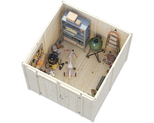 Gartenschuppen Innenansicht mit Regalen, Werkzeugen, Grill und Kinderrad