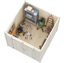 Innenraum eines Holzgartenhauses mit Werkzeugen, Grill, Regal und Kinderrad