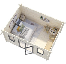 Innenansicht eines Holzgartenhauses mit Fenster und Tür, eingerichtet mit Bett und Tisch