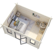 Innenansicht eines Gartenhauses mit Bett und Sitzbereich