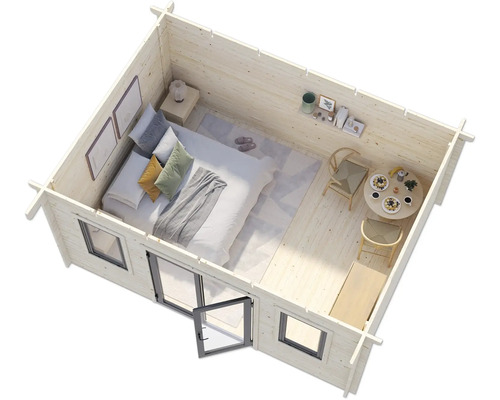 Innenansicht eines Holzgartenhauses mit Schlafzimmer- und Essbereich.