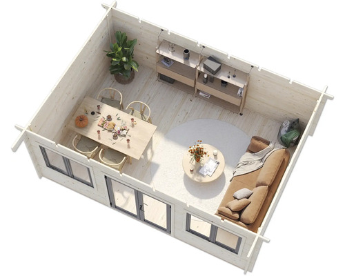 Innenansicht eines Gartenhauses mit Möbeln, darunter ein Esstisch, Stühle, ein Sofa, Regale und Zimmerpflanzen.