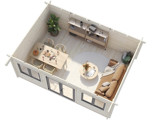 Innenansicht eines Holzhauses mit Wohnbereich, Essbereich und Regalen.