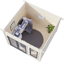 Holzgartenhaus mit Büroeinrichtung, Schreibtisch, Stuhl, Pflanze und Teppich