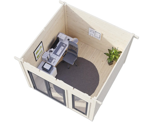Holzgartenhaus mit Büroausstattung inklusive Schreibtisch, Bürostuhl, Regalen und Fenstern.