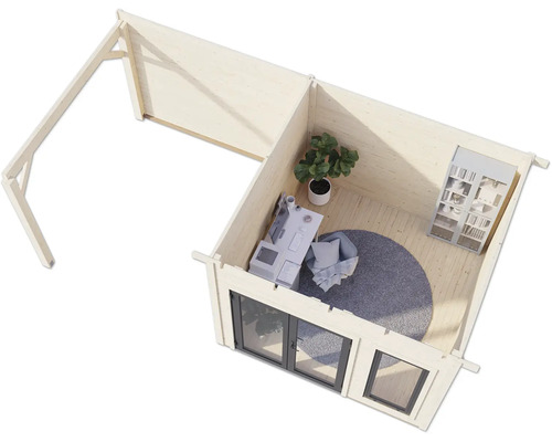 Holzgartenhaus mit Büroausstattung von oben