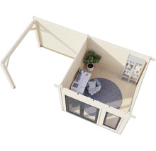 Draufsicht eines Holzgartenhauses mit Büroeinrichtung und Fenstern