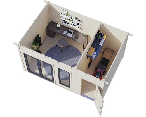 Innenansicht eines Gartenhauses mit Bürobereich und Stauraum für Gartengeräte