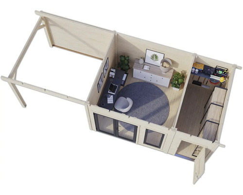 Illustration eines Holzgartenhauses mit Büromöbeln, Regalen und Fenstern