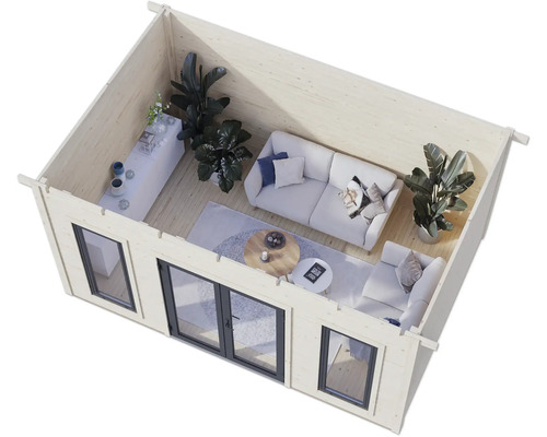 Innenansicht eines Gartenhauses mit Möbeln und Fenstern