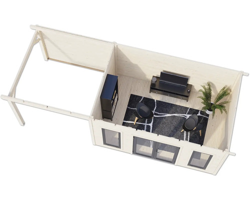 Innenansicht eines Holzgartenhauses mit Fenstern, Möbeln und Teppich