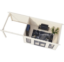 Innenansicht eines Gartenhauses mit Möbeln, darunter Regale, Teppich, Fernseher und Sessel.