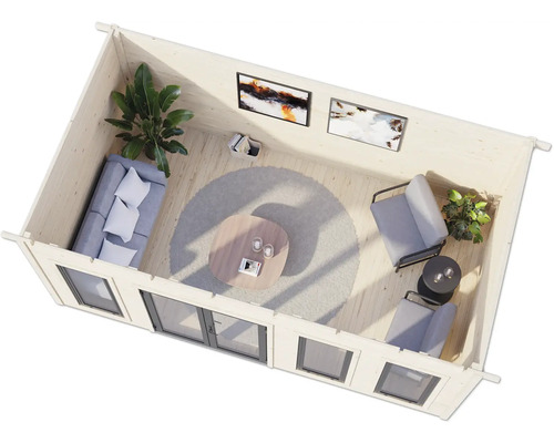 Innenansicht eines hellen Gartenhauses mit Sofa, Sesseln, Tisch und Dekoration