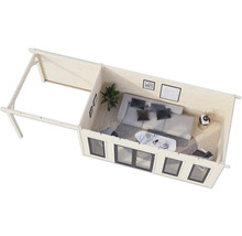 Innenansicht eines Gartenhauses mit Fenstern, Sofa und Dekoration