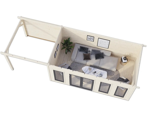 Innenansicht eines Gartenhauses mit Fenstern, Sofa und Dekoration