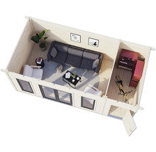 Innenansicht eines Blockhauses mit Wohnzimmer, Abstellraum und Fahrrad