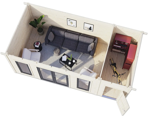 Innenansicht eines Blockhauses mit Wohnzimmer, Abstellraum und Fahrrad