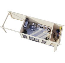 Draufsicht eines Gartenhauses mit Büro, Sitzecke und Abstellraum