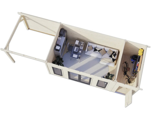 Draufsicht eines Gartenhauses mit Büro, Sitzecke und Abstellraum