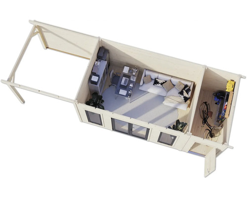 Draufsicht eines hellen Gartenhauses mit Büro, Sitzecke und Abstellraum