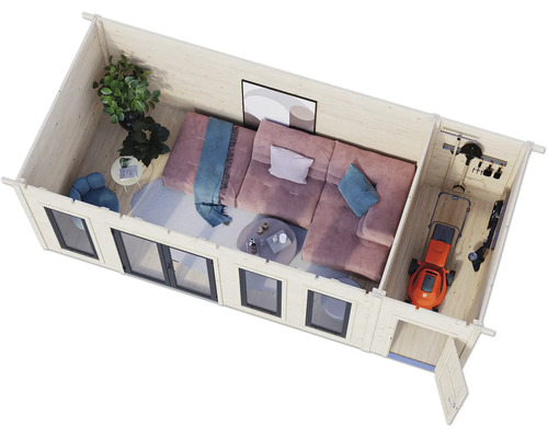 Draufsicht eines Gartenhauses mit Wohnbereich und Stauraum