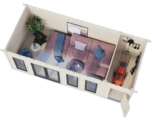 Innenansicht eines Gartenhauses mit Wohnbereich und Geräteschuppen