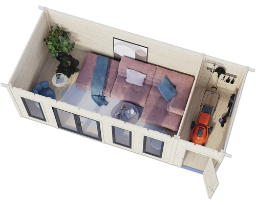 Innenansicht eines Holzhauses mit Wohnbereich und Geräteschuppen