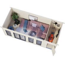 Übersicht eines modernen Gartenhauses mit Wohnbereich und Geräteschuppen