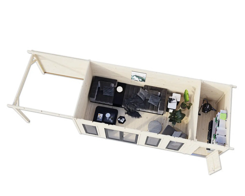 Draufsicht eines Gartenhauses mit Möbeln