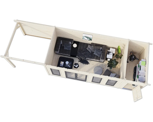 Draufsicht eines Holzhauses mit Wohnbereich und Stauraum