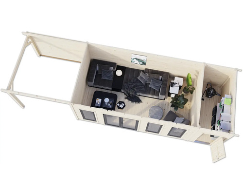 Grundriss eines Holzhauses mit Wohnzimmer, Schlafzimmer und Stauraum