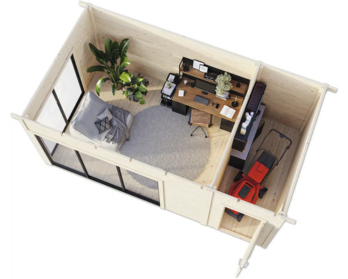 Innenansicht eines Gartenhauses mit Bürobereich, Wohnbereich und Rasenmäher