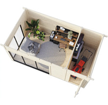 Innenansicht eines Holzgartenhauses mit Büromöbeln, Rasenmäher und Sitzecke