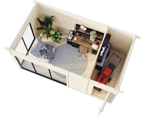 Innenansicht eines Gartenhauses mit Büromöbeln, Rasenmäher, Pflanzen und Tagesbett