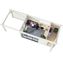 Innenansicht eines Holzgartenhauses mit Wohnbereich, Büro und Lagerraum