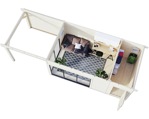 Ansicht von oben eines Gartenhauses mit Wohnbereich, Arbeitsbereich und Abstellraum