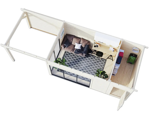 Draufsicht eines Holzgartenhauses mit Sitzecke und Arbeitsplatz