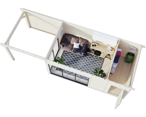 Innenansicht eines modernen Gartenhauses mit Wohnbereich, Arbeitsbereich und Abstellraum