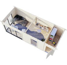 Grundriss eines Gartenhauses mit Wohnbereich, Arbeitsbereich und Abstellraum