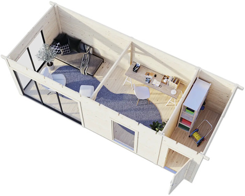 Grundriss eines Gartenhauses mit Wohnbereich, Arbeitsbereich und Abstellraum