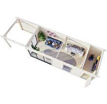 Draufsicht eines Gartenhauses mit Wohnbereich, Büro und Abstellraum