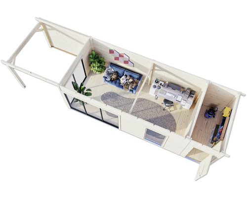 Draufsicht eines Gartenhauses mit Wohnbereich, Büro und Abstellraum