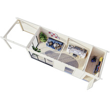 Draufsicht eines Gartenhauses mit Wohnbereich, Arbeitsbereich und Abstellraum.