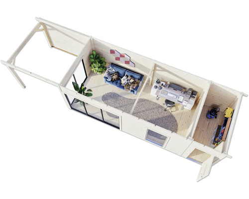 Draufsicht eines Holzgartenhauses mit Wohnbereich, Büro und Abstellraum