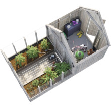 Gewächshaus mit Pflanzen, Gartenwerkzeugen und Fahrrädern