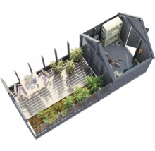 Dachansicht eines Gartenhauses mit Terrasse, Garten und Geräteschuppen