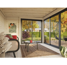 Helles Interieur eines Gartenhauses mit Schiebetür, Sofa, Tisch und Teppich